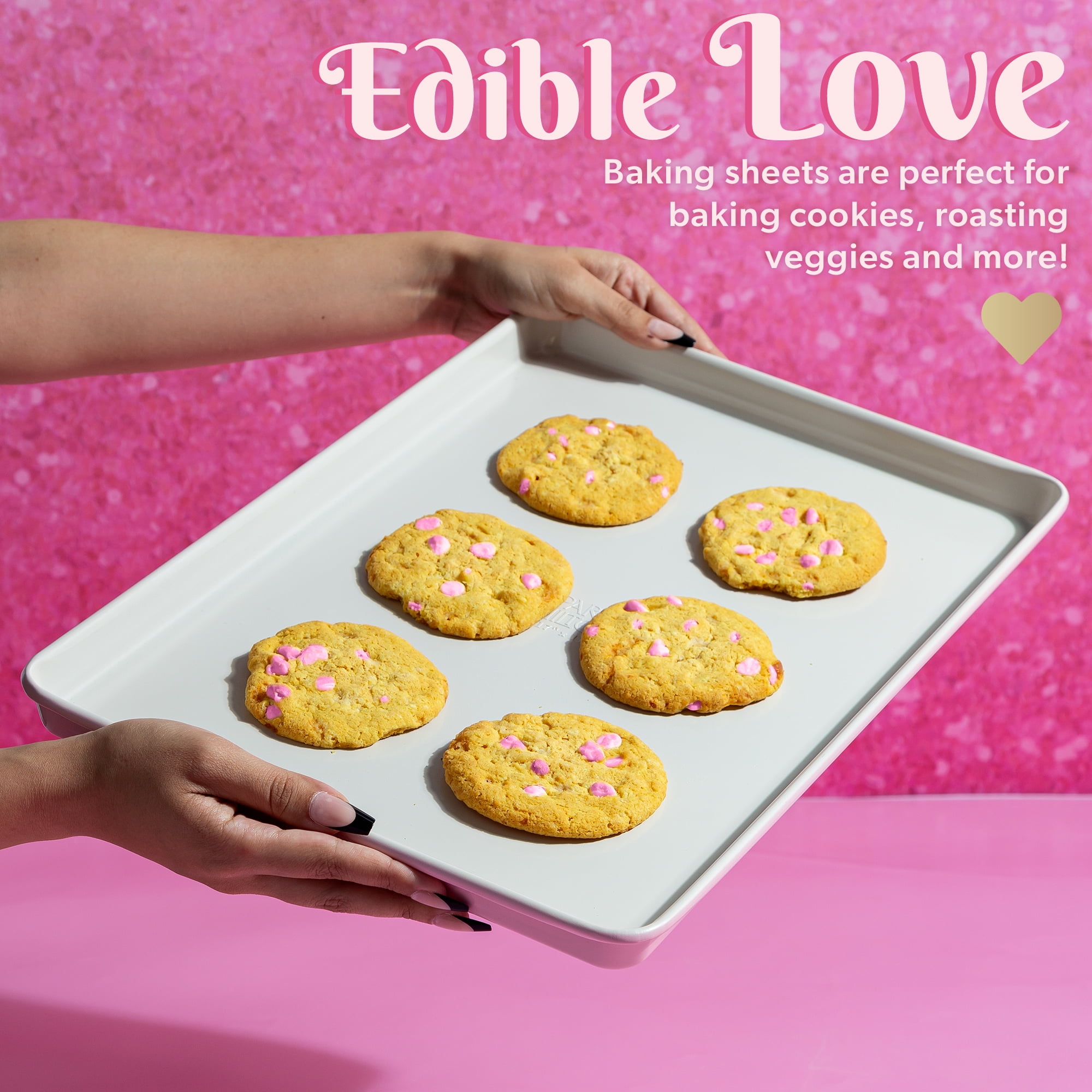Paris Hilton 3-Piece Nonstick Cookie Sheet Pan Bakeware Set, Carbon Steel Baking Sheets, Dishwasher Safe, Pink
