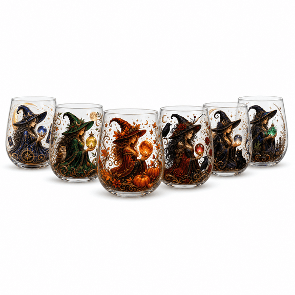 Enchanting Witch 3D Glass Art Cup, 12 oz Stemless Witch Glass Cup with Sculpted Decor, Halloween Drinking Glass for Home Bar, Party Decor & Magical Gift