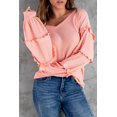 thumbnail image 3 of POGLIP Women's Pink Waffle Ruffled V Neck Loose Knit Top, 3 of 6