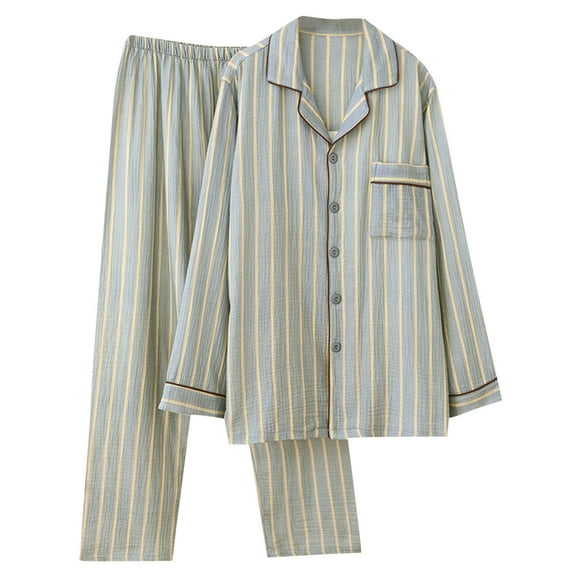 Kilaqueen Mens Cotton Pajama Set Striped Button Down Long Sleeve V Neck Notch Lapel Elastic High Waist Loungewear Sleepwear