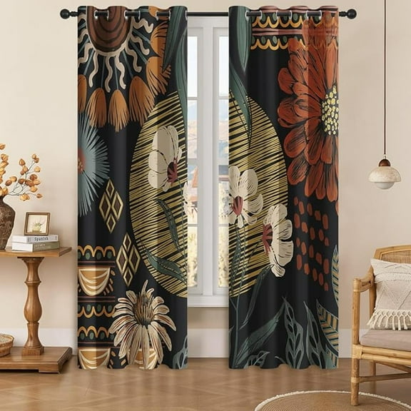 Boho Plant Blackout Curtains For Bedroom Windows, Floral Leaves Print Curtains For Living Room, Black Bohemian Dining Room Curtain Draperies 42"W x 108"L (Pack of 2)