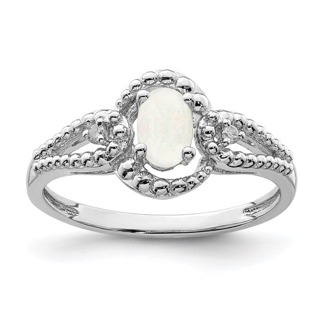 925 Sterling Silver Rhodium-Plated Created Opal and Diamond Ring