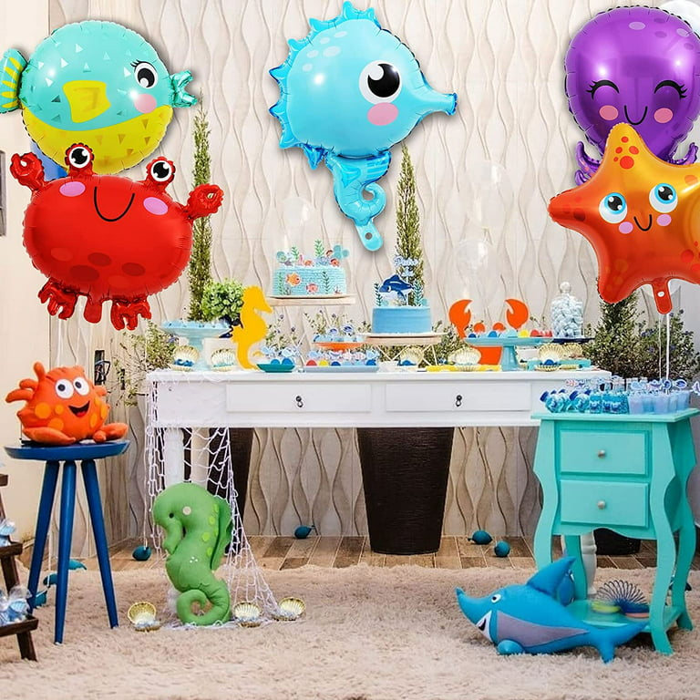 VICTERR Ocean Balloons Birthday, Cute Sea Animal Foil Balloons, 5pcs Hippocampus Octopus Balloons, Small Crab Starfish Puffer Fish Inflatable Balloons