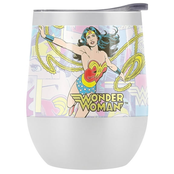 Wonder Woman Official Wonder Collage 12 OZ Stemless Wine Tumbler, Stainless Steel Travel Cup|Lake Tumbler|Insulated with Leak Resistant Slide-Lock Lid, White