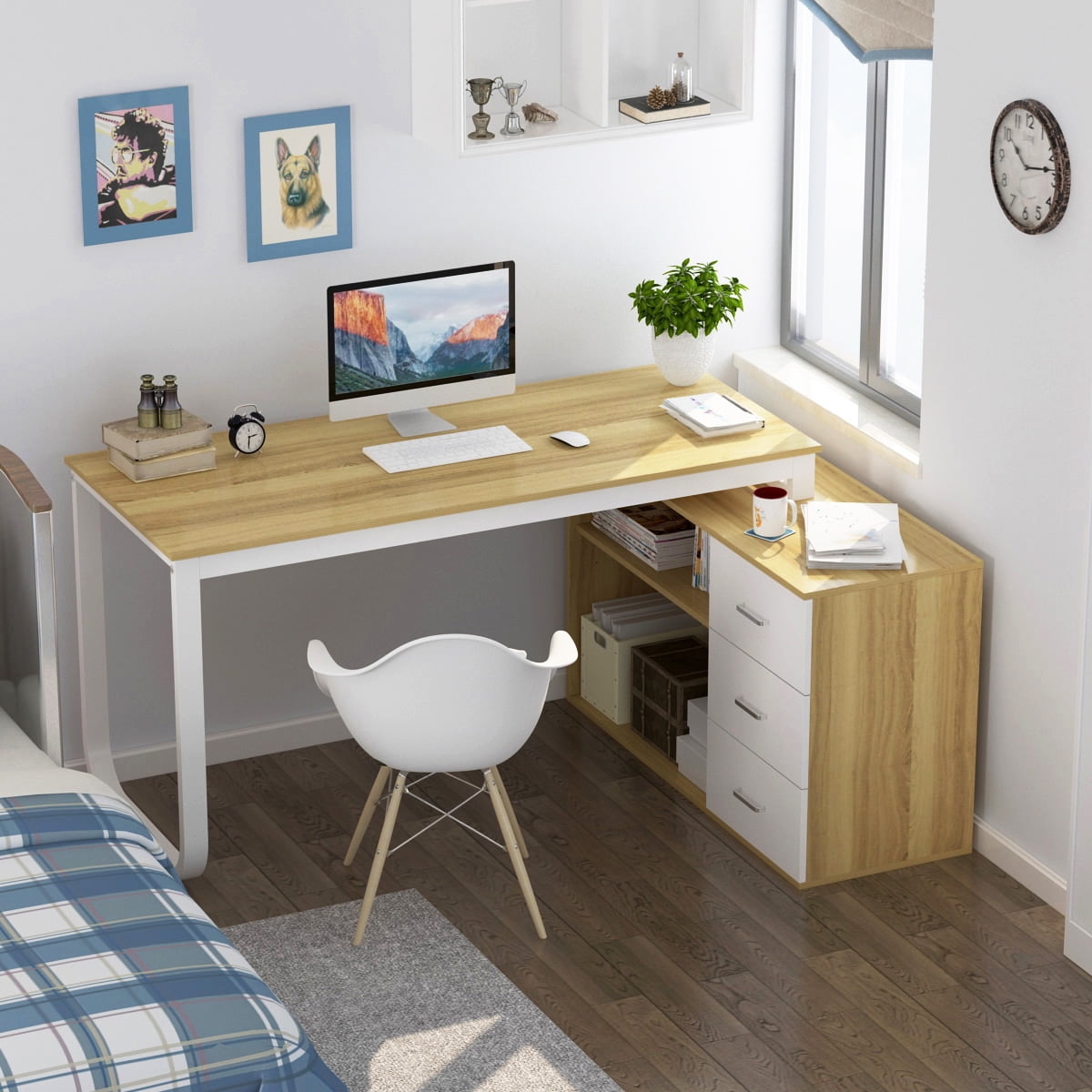 duplex white computer desk workstation with bookcase