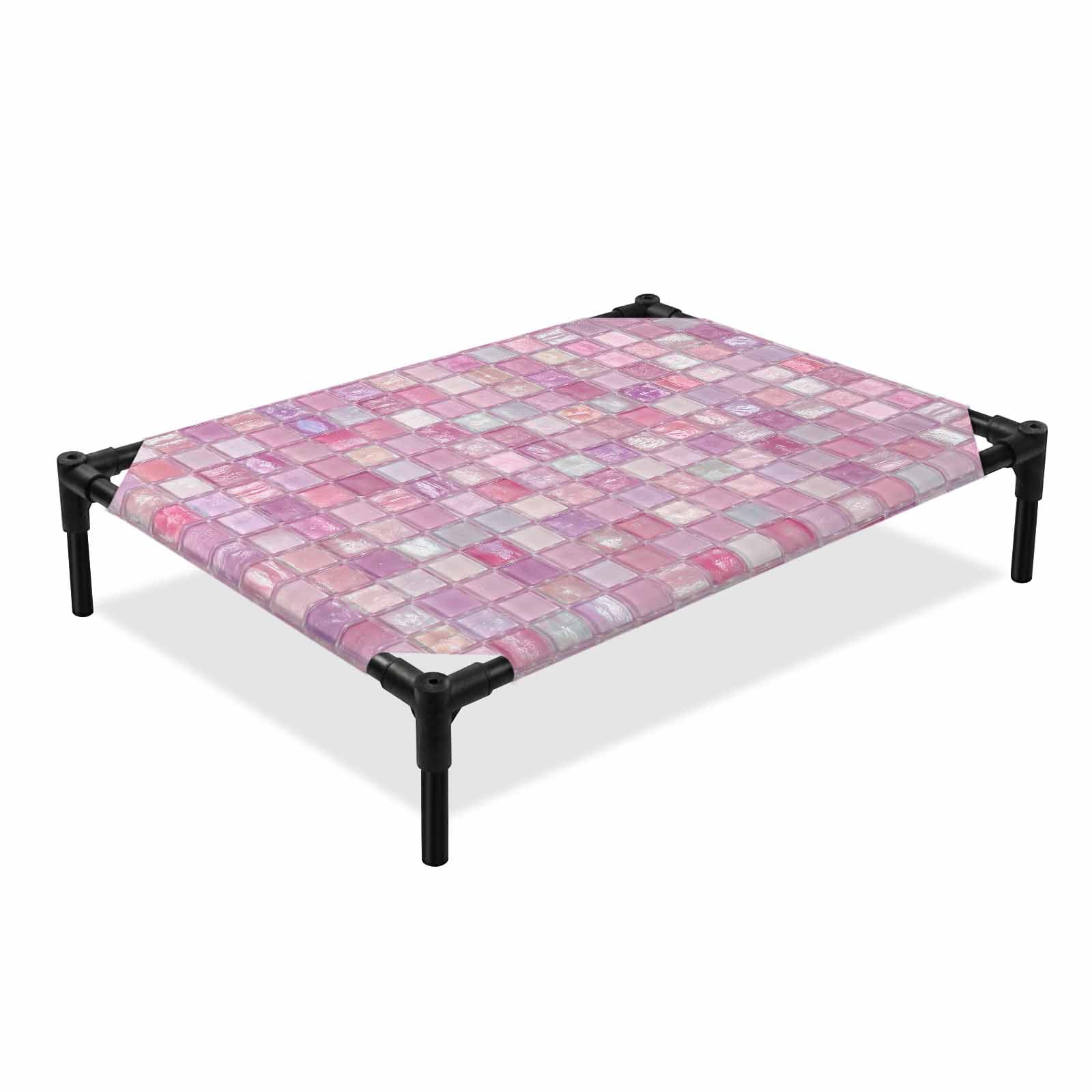 Pink Plaid Elevated Dog Bed Boho Pale Mint Tile Matrix Modern Gingham Cooling Breathable Outdoor Raised Dog Cot Bed with Metal Frame Non-Slip Feet for Medium Dog 24x20in
