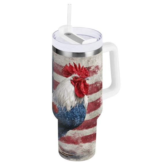 40 oz Insulated Stainless Steel Tumbler Double Wall Stainless Steel Tumbler with 2-Way Drinking Red White and Blue Rooster