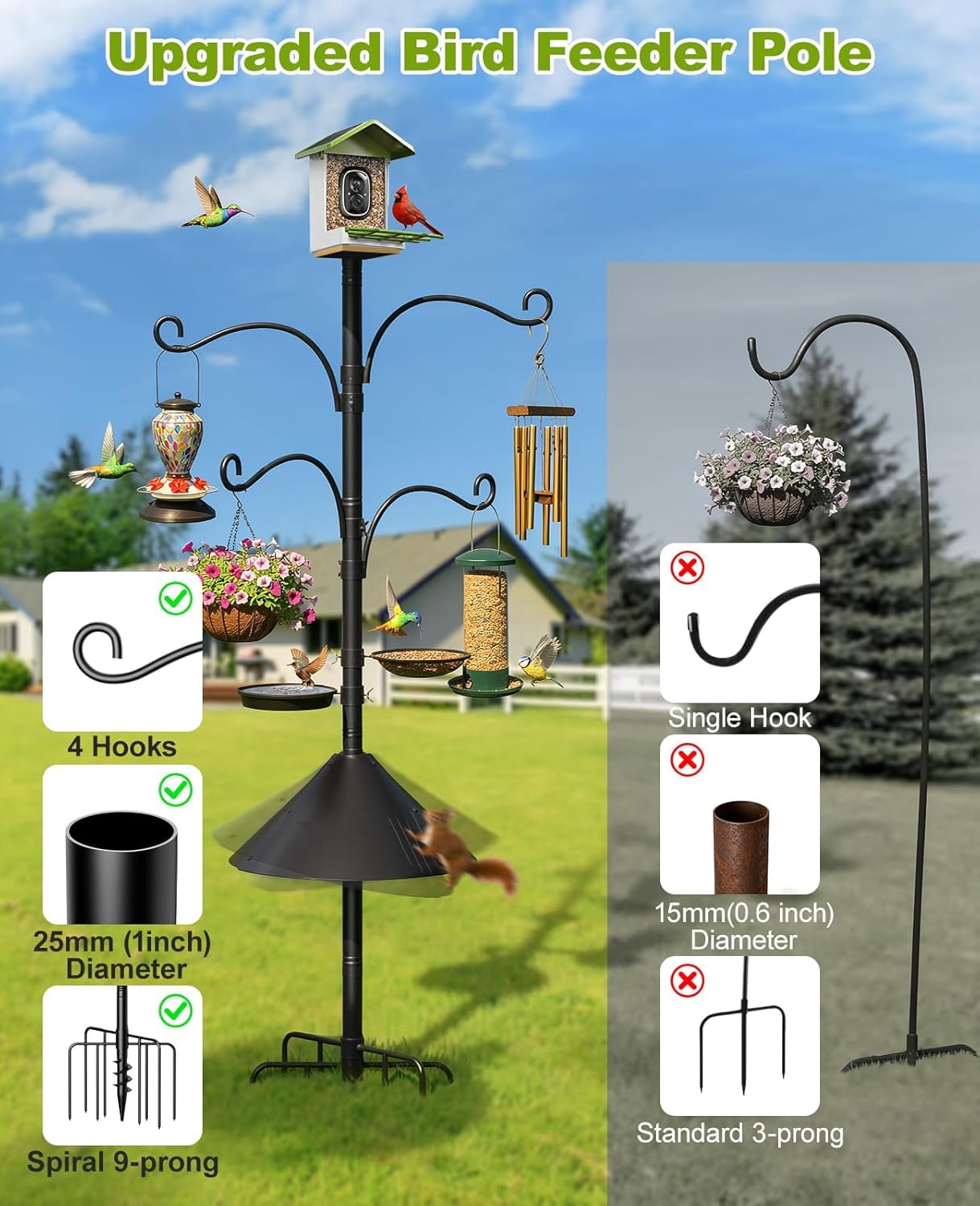 Bird Feeder Pole, 93" Shepherds Hooks Squirrel Proof for Outdoor, Adjustable Heavy Duty Birdhouse Pole Smart Feeder Stand with 4 Hooks & 9 Prongs Base & Squirrel Baffle for Hanging Plant,Garden Decor