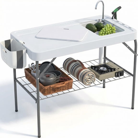 Folding Fish Cleaning Table with Sink & Sprayer, Portable Outdoor Fillet Station with Faucet, Drain Hose & Trash Bin, Heavy-Duty HDPE Top Holds 660lbs for Camping, Fishing, Patio, RV