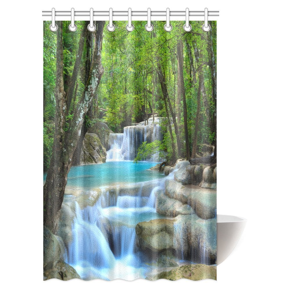 MYPOP Rainforest Waterfall Shower Curtain, Foliage Jungle Misty