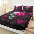 thumbnail image 3 of Manfei Gothic Skull Skeleton Queen Sheet Sets, Pink Floral Flat Sheet, Halloween Queen Fitted Sheet, Lightweight Room Decor 4 Pieces, 3 of 7