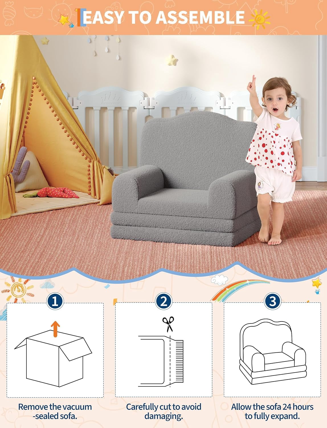 Kids Couch, 2-in-1 Convertible Teddy Fleece Fabric Toddler Sofa Chair, Soft Fold Out Couch Lounger for Kids, Comfy Children's Sofa Bed for Playroom, Nursery, Birthday Gift (Gray Crown)