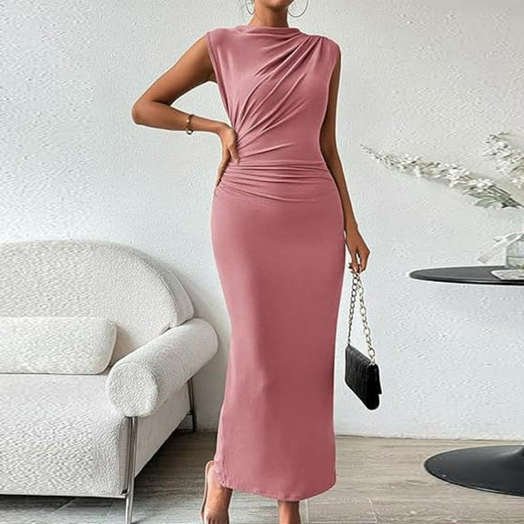 Women's Ruched Bodycon Dress Summer Casual Sleeveless Back Slit Elegant Club Evening Party Maxi Dresses plus Size Petite Long Dresses for Women Evening Formal Dresses for Wedding Guest plus Size Pearl