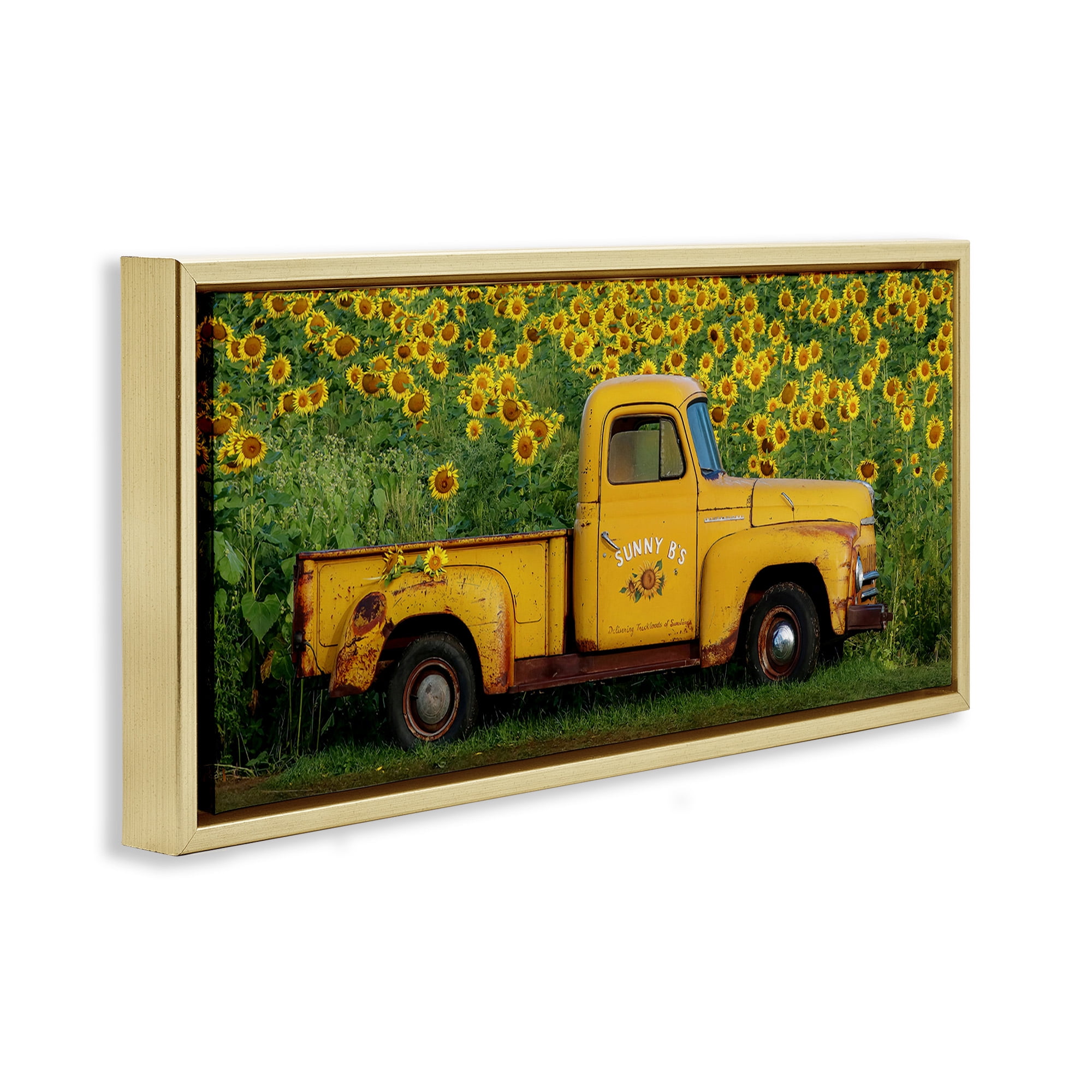 Stupell Industries Yellow Pickup in Sunflower Field Transportation Photography Gold Floater Framed Canvas Art Print Wall Art, 31 x 14