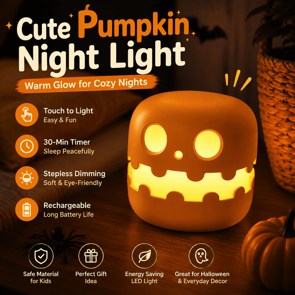 Cute Pumpkin Night Light, Touch Activated LED Bedside Lamp with 30-Min Timer, Dimmable Warm Light for Kids Bedroom, Halloween Decor & Gift