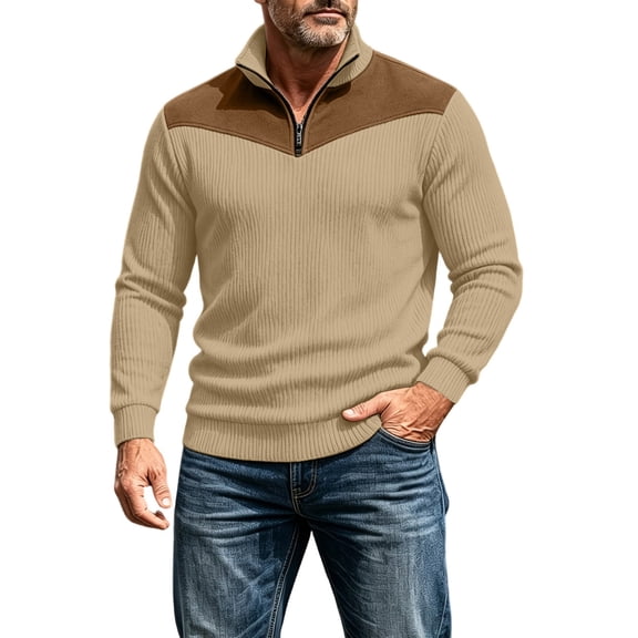 Ozmmyan Plus Size Mens Stand Collar Quarter Zip Long Sleeve Contrast Shoulder Ribbed Pullover Sweatshirt Fall Winter
