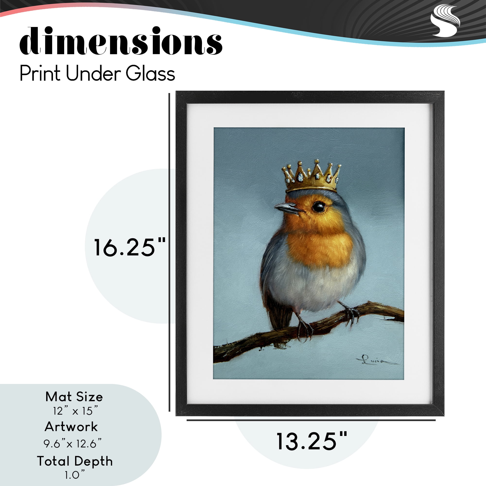 Royal Robin Perched Black Framed Print Under Glass, design by Lucia Heffernan