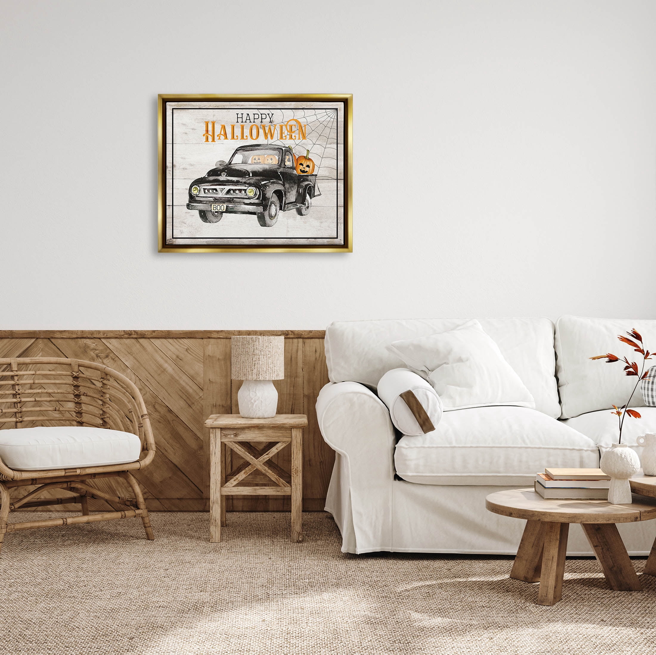 Stupell Industries Happy Halloween Pumpkin Truck Graphic Art Metallic Gold Floating Framed Canvas Print Wall Art, Design by Daniela Santiago