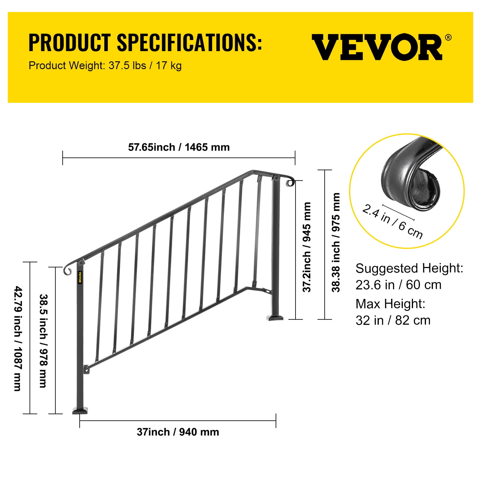 VEVORbrand Handrail Picket 4 Fits 4 or 5 steps Matte Black Stair Rail Height adjustable Wrought Iron Handrail with Installation Kit Hand Rails for Outdoor Steps