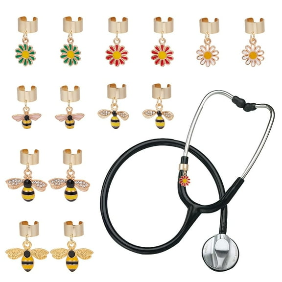 14pcs 7 Styles Bee Stethoscope Charms 0.5~0.7 Inch Daisy Stethoscopes Tag Alloy Pendant ID Name Tag Charm Stethoscope Charms Stethoscopes Accessories for Doctor Nurse Medical Assistant Mixed Color