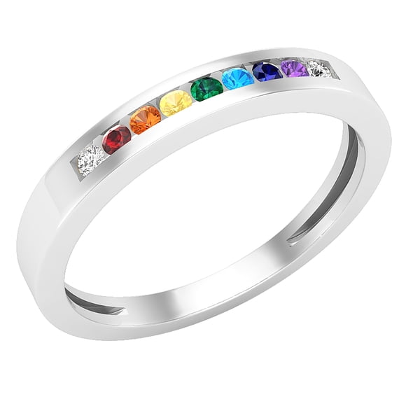Dazzlingrock Collection Rond Nine Multi Couleur Pierre Anniversaire Bande de Mariage pour Femmes (0.03 ctw, Couleur I-J, Clarté I1-I2) en Or Blanc 14K, Taille 10