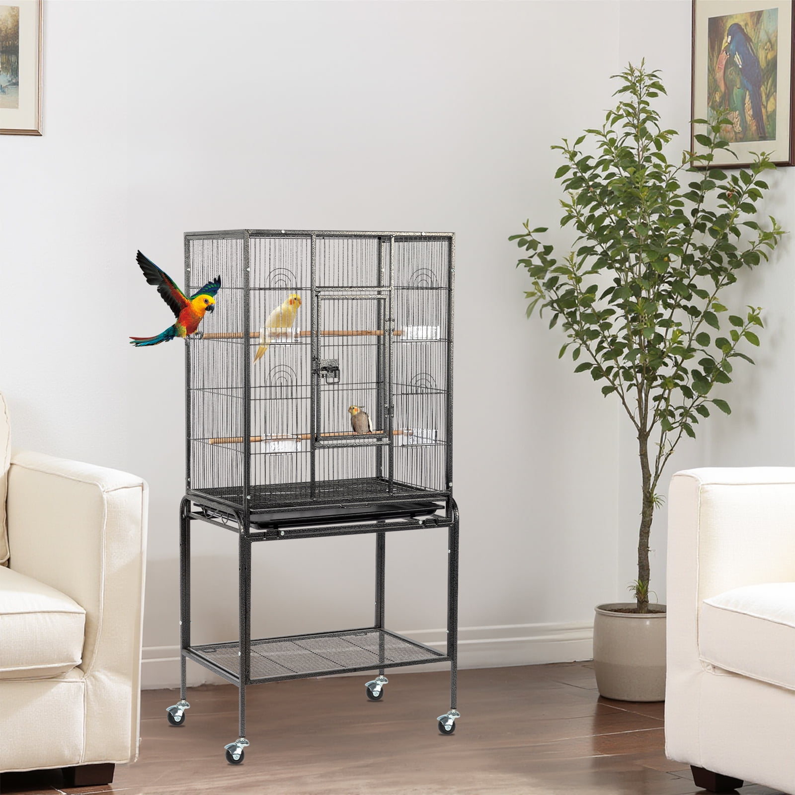 53in Large Flight Bird Cage with Rolling Stand & Storage Shelf for Parrots, Cockatiels, Lovebirds and Parakeets, Black Aviary Cage with Easy Clean Tray, Spacious Home for Small Medium Birds
