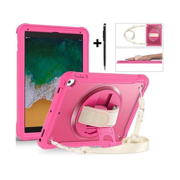 Case For iPad 6th 5th Generation, iPad 9.7 Inch 2018 2017, iPad Air 2, iPad Pro 9.7 Shcokproof Cover with Transparent Back, Pencil Holder, Rotating Stand, Hand/Shoulder Strap, Stylus Pen