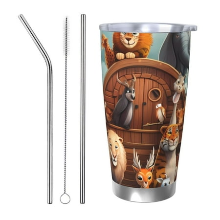 

Gaeub Animal Filled Noahs Ark Print 20-Ounce Stainless Steel Car Cup Tumblers Cups with Lids and Straw Coffee Cups for Adults Kids Home Car Office School Travel Party-Straw Three-piece Set