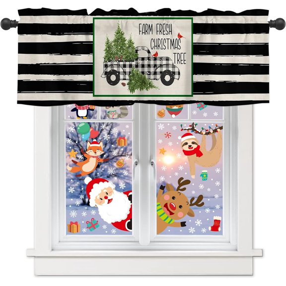 Curtain Valances for Windows, Christmas Plaid Truck Xmas Tree Black Striped Rod Pocket Valance Window Treatments Short Curtains for Kitchen Bathroom Living Room 54 x 18 Inches, 1 Panel