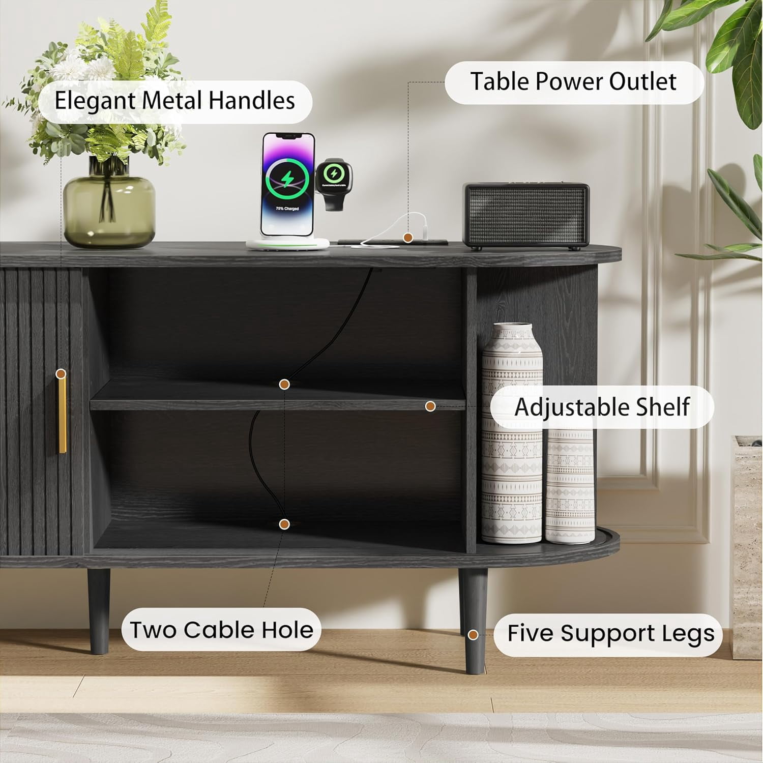 55 Inch Mid-Century Modern TV Stand with Power Outlet for TVs up to 60 Inches, Entertainment Center with Sliding Doors, Adjustable Shelves and Storage, Media Console for Living Room, Black