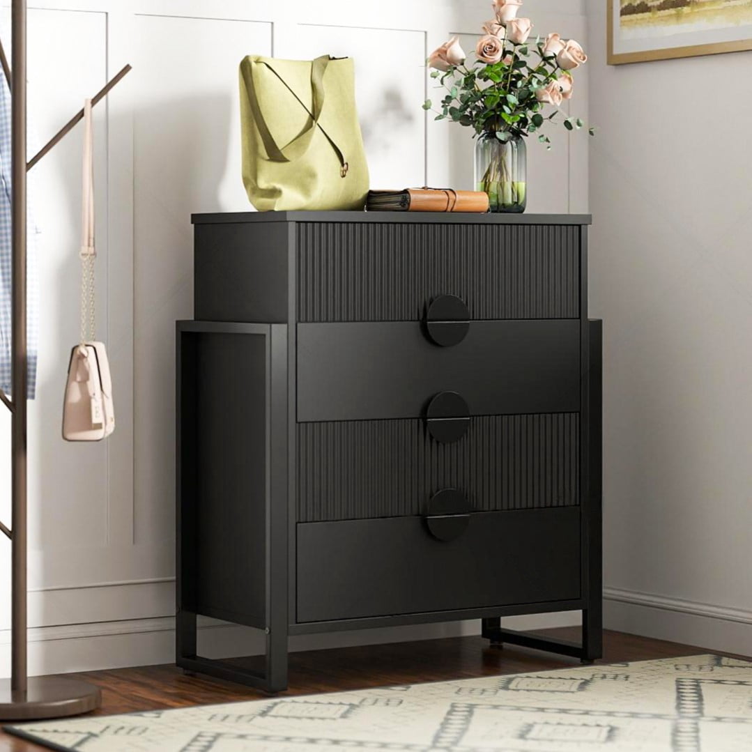 Holliwill 4 Drawer Dresser for Bedroom, Tall Fluted Dresser Chest of Drawers for Living Room, Hallway, Black