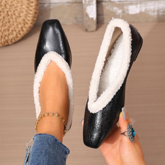 Yusimy Women's Fashionable Casual Winter Cotton Shoes - Square Toe Flat Sole Low-Cut Slip-On Shoes with Fleece-Lined Thickened Warm Fuzzy Design for Cold Weather Comfort