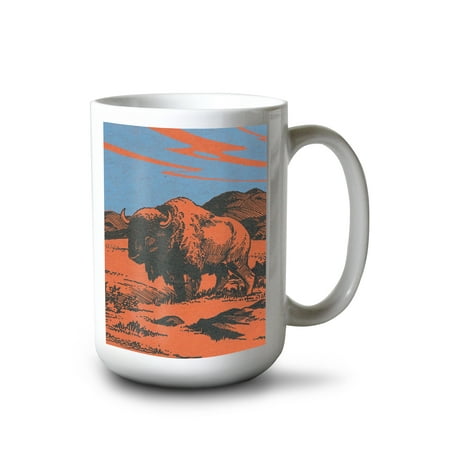 

15 fl oz Ceramic Mug View of a Bison on the Prairie Vintage Magazine Dishwasher & Microwave Safe