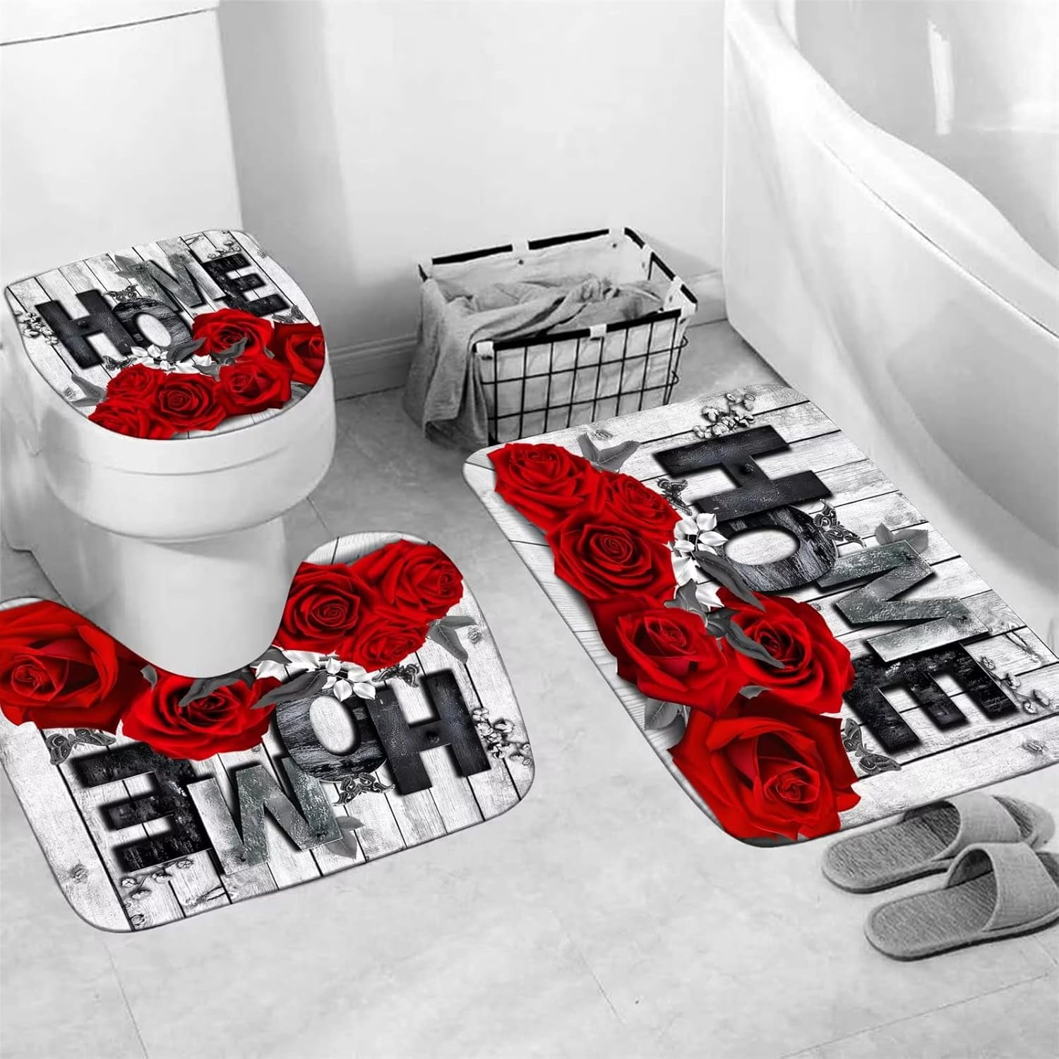 Red Rose 4 Pcs Shower Curtain Sets Non-Slip Rugs Bath Mat Toilet Cover U Shaped Mat Black Red Shower Curtain with 12 Hooks Red Rose Bathroom Set