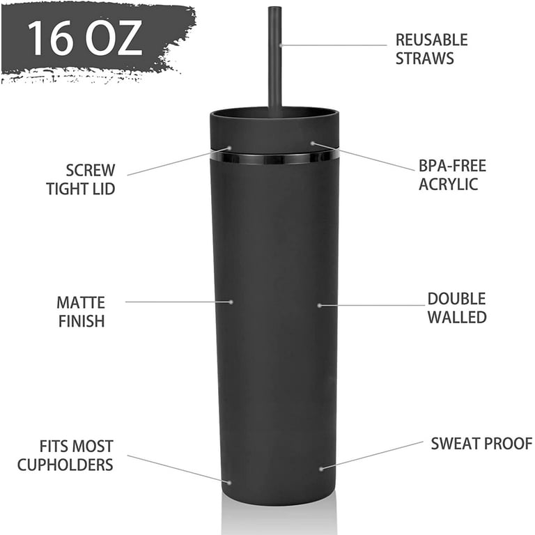 Modwnfy Skinny Tumblers Bulk, 16oz Matte Black Tumblers with Lids and Straws, Reusable Pastel Acrylic Tumblers, Double Wall Plastic Tumblers for