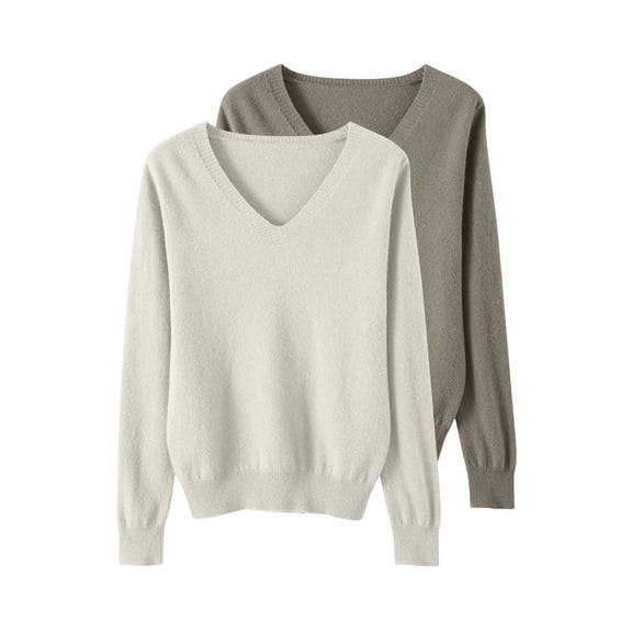 Comdrip 2Pc Women's Fall Winter V Neck Long Sleeve Basic Trendy Sweaters Fashion Casual Lightweight Knit Pullover Top Beige L