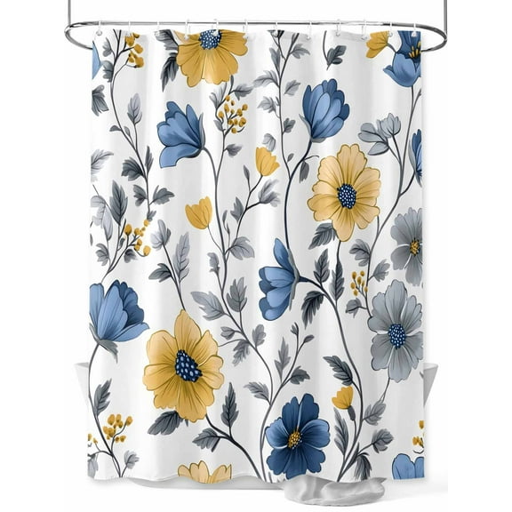 Yellow Blue Floral Shower Curtain, Vintage Leaf Waterproof Shower Curtain Set with 12 Hooks Lightweight Washable Fabric Shower Curtains for Bathroom 60x72 Inches