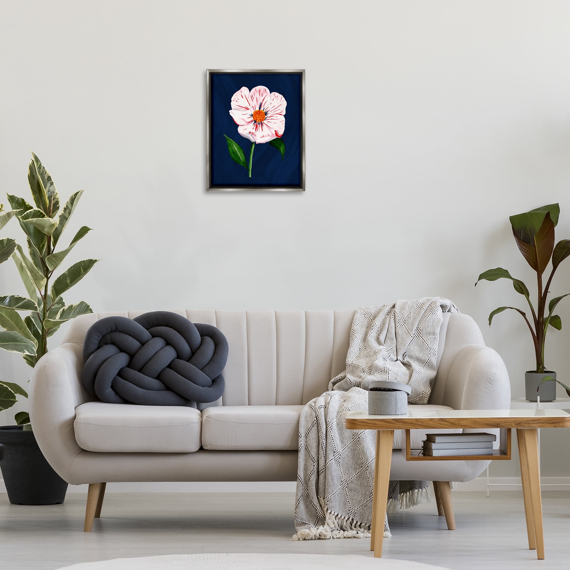 Stupell Industries Single Cherry Blossom Bloom Plants & Flowers Painting Gray Floater Framed Canvas Art Print Wall Art, 17 x 21