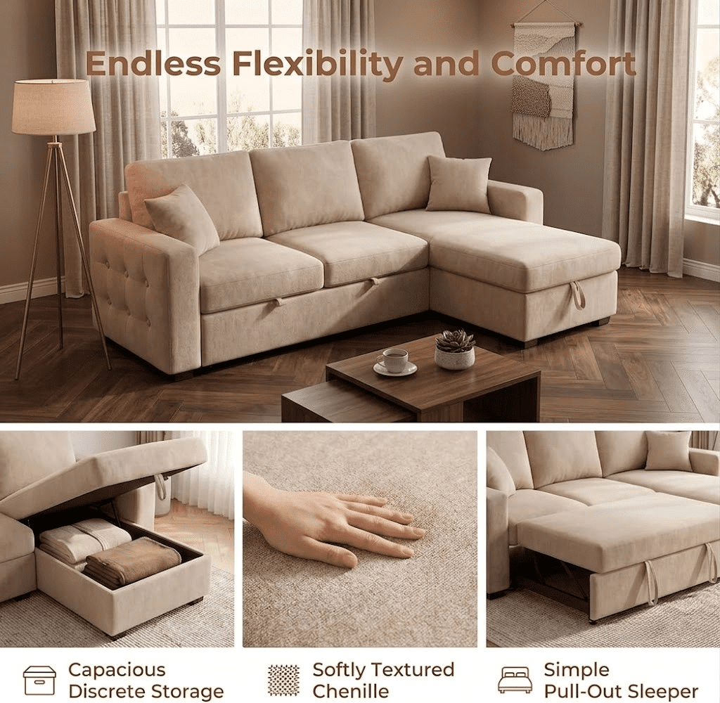 Howcool Sectional Sleeper Sofa,L Shaped Chenille Convertible Sofa Bed 85.5" 3 Seater with Flip-Down Center Console,Pull Out Couch for Living Room Apartment Office,Beige
