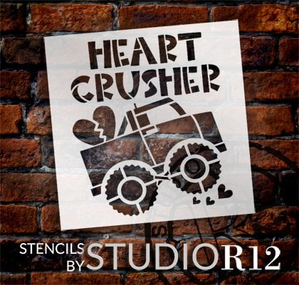 Heart Crusher Stencil with Monster Truck by StudioR12 Craft & Paint Wood Signs and Home Decor 12 x 12 inch Fun DIY Boys Valentine Select Size