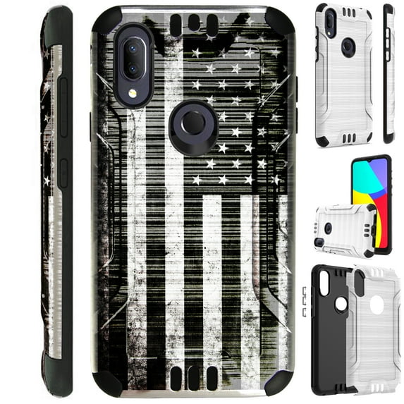 Compatible with Cricket Lumos | Alcatel Axel Brushed Metal Texture Hybrid Silver Guard Phone Case Cover (Gray US Flag)