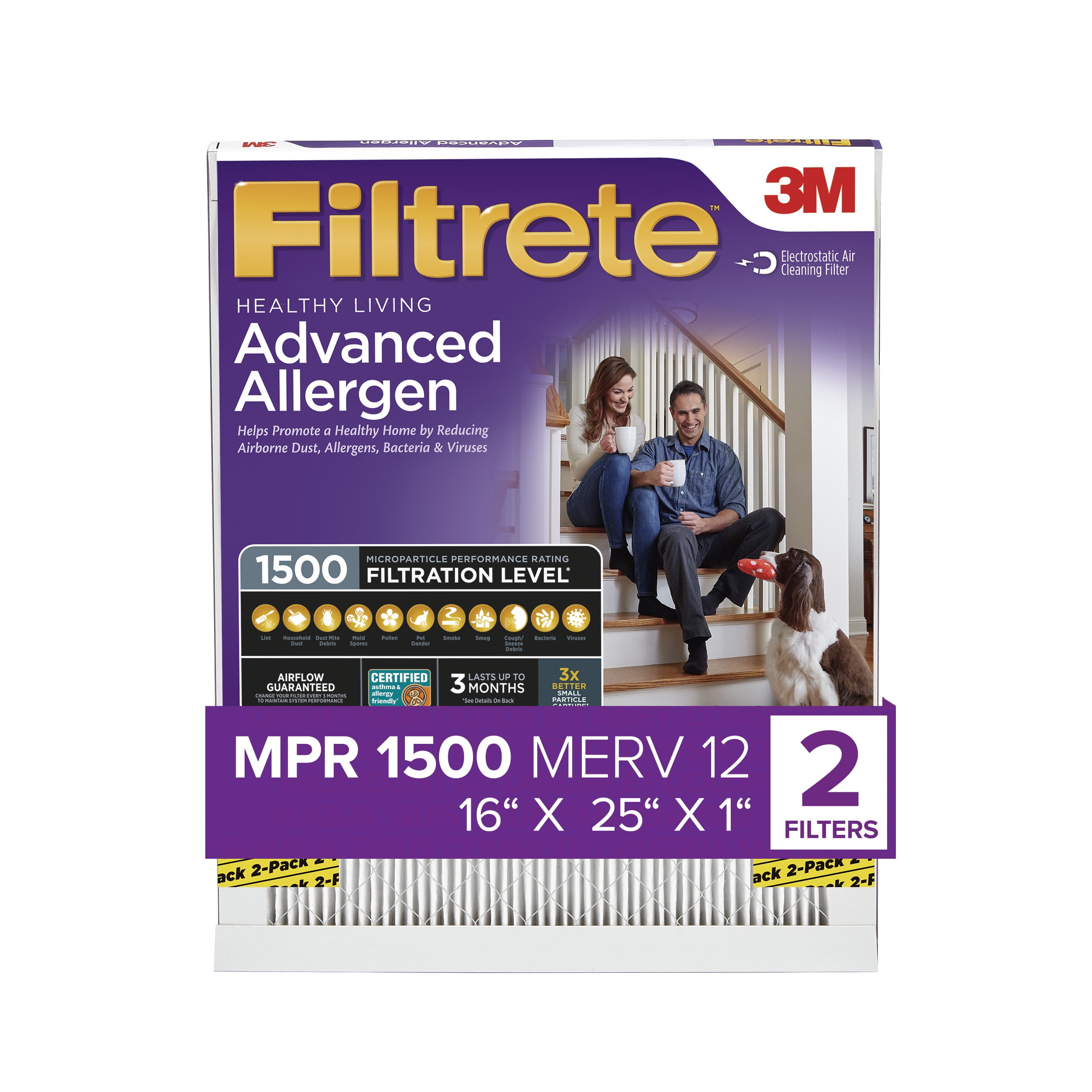 Filtrete by 3M, 16x25x1, MERV 12, Advanced Allergen Reduction HVAC Furnace Air Filter, Captures Allergens, Bacteria, Viruses, 1500 MPR, 2 Filters