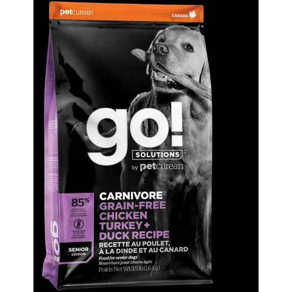 Petcurean GO! Solutions Carnivore Grain Free Chicken, Turkey, and Duck Recipe Senior Dry Dog Food 22 lb