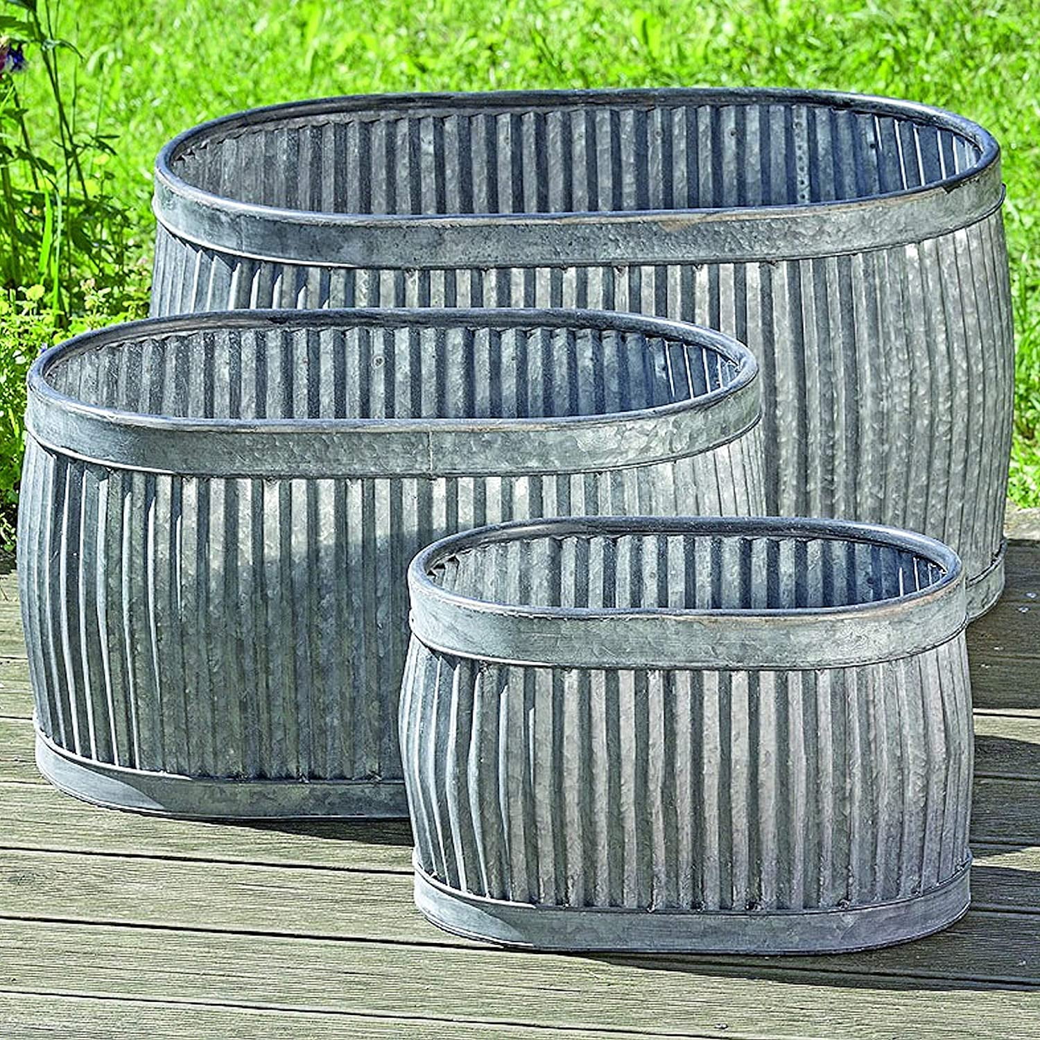 WHW French Country Style Oval Belly Planters, Set of 3, Gray, Galvanized Metal, Corrugated Cache Pots, 24.5, 20 and 14.5 inches