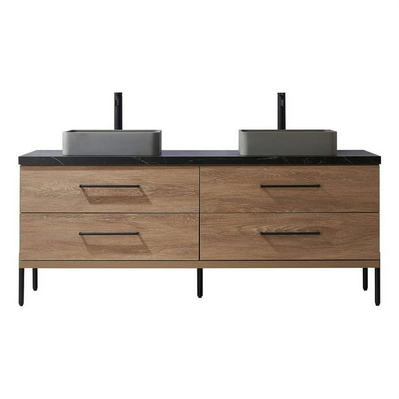 Trento 72" Double Sink Bath Vanity in North American Oak w/ Black Sintered Stone