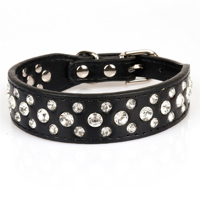 Rhinestone PU cuero cristal diamante mascota perro gato cachorro collar negro MFZFUKR CPB-US-YY668-2