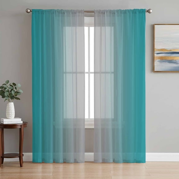 Teal Grey Ombre Semi Sheer Window Curtains 96 Inches Long, Gradient Contemporary Abstract Art Rod Pocket Voile Silky Chiffon Curtain Light Filtering Drapes for Living Room, Kitchen, 52"x96", 2 Panels