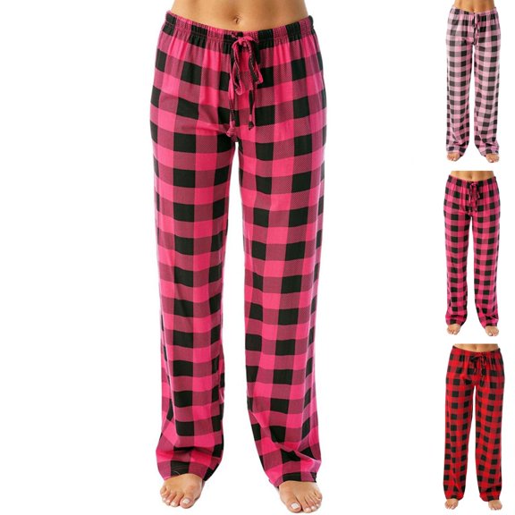 HAJWOH Women's Pants Plaid Stretch Drawstring Casual Loose Comfy Wide Leg Pants