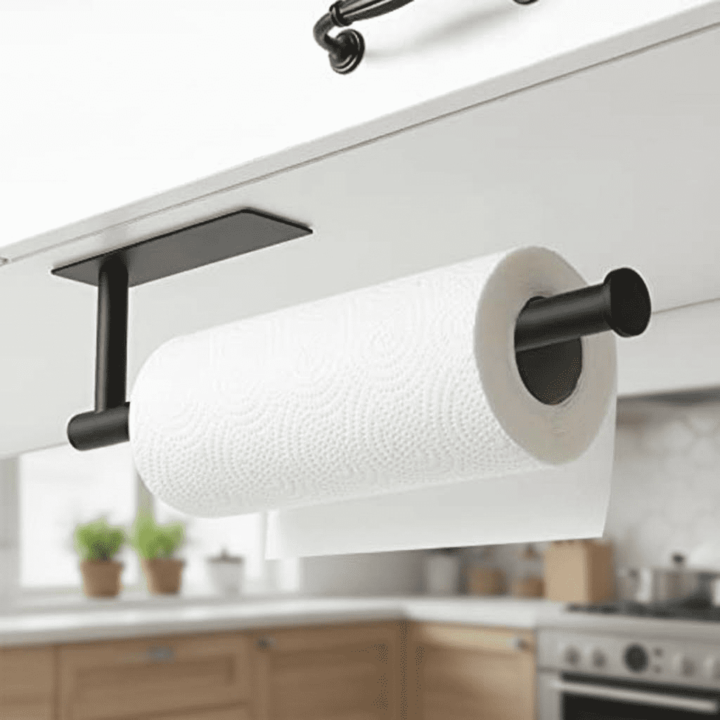 Under Cabinet Paper Towel Holder for Kitchen and Bathroom, Wall Mounted Adhesive Paper Towel Rack with Matte Black Finish, Made of Durable SUS304 Stainless Steel