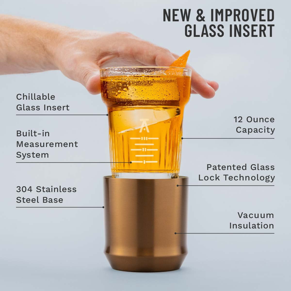 Elevated Craft Hybrid Rocks Glass Premium Vacuum Insulated Steel Base with Removable Insert - 12oz Cocktail Glass, Double Old Fashioned Lowball for Margaritas, Bourbon, Whiskey - Copper